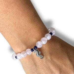 Seahorse Charm with White Marbled Blue Beads Recycled Vintage Bracelet 6.5”
